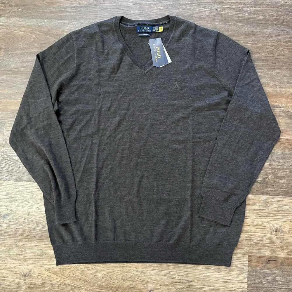 NWT Polo Ralph Lauren Washable Merino Wool‎ V Neck Sweater Men's Sz 2XLT Brown